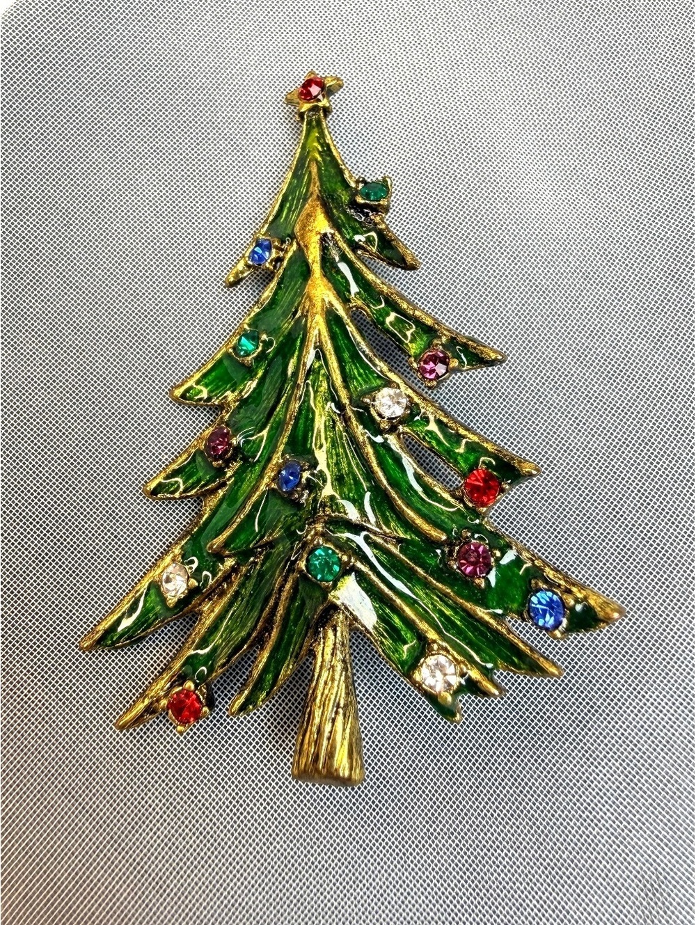 Vintage 70s Christmas Tree Brooch Green Enamel Multicolor Rhinestone Gold Tone